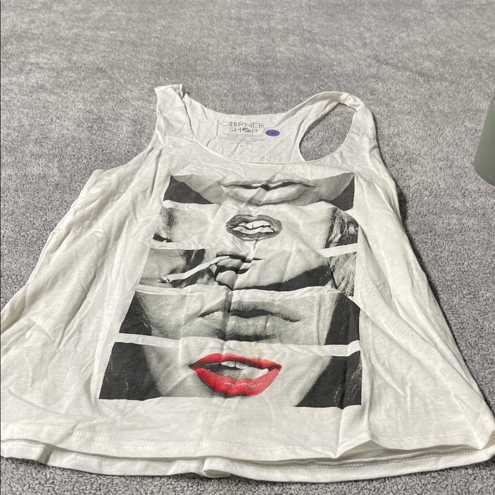 Women’s White Graphic Tank Top with Red Lip Accent